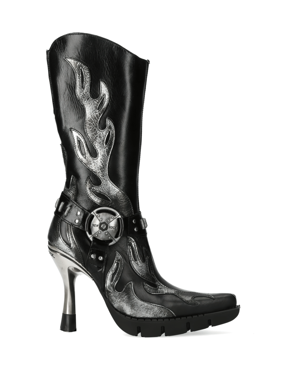 Gothic black boots with metallic flame design, high heel, and stylish buckle. Perfect for a punk rock look.