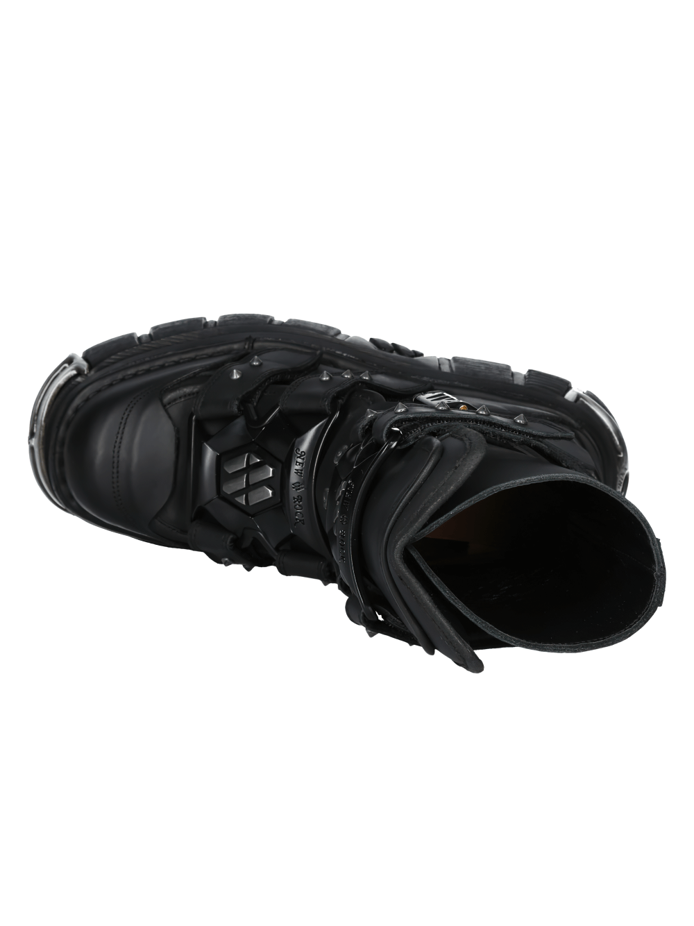 Top view of NEW ROCK men's gothic black steel toe boots with urban velcro platform design.