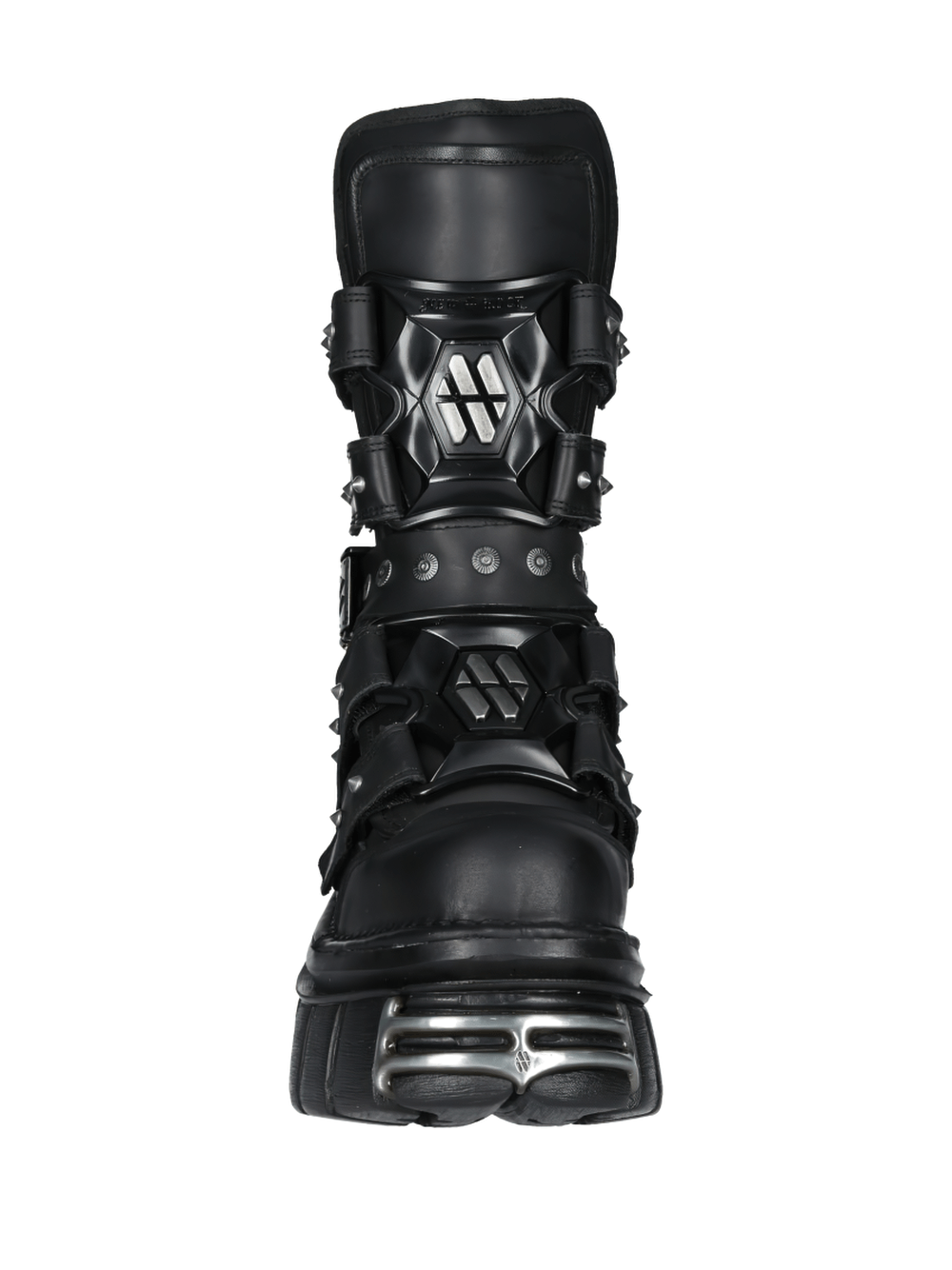Men's Gothic black steel-toe platform boots with Velcro straps from New Rock's Metallic Collection.