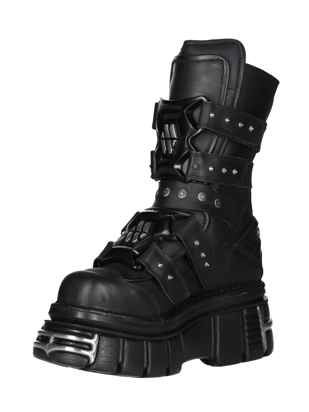 Gothic black steel-toe boots with velcro straps and chunky platform, perfect for a bold urban look.