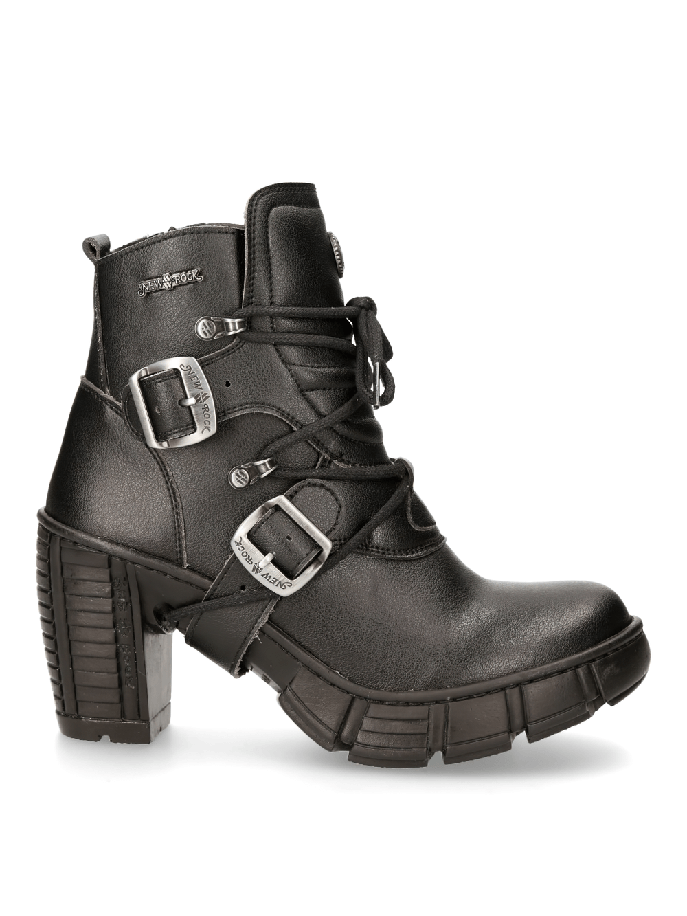 New Rock Gothic Black Buckled Lace-Up Ankle Boots with urban style, lace-up front, and chunky heel for bold fashion.