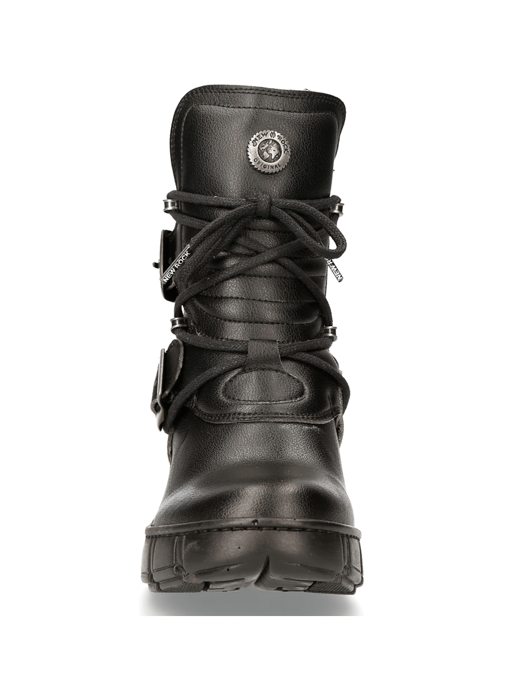 Front view of NEW ROCK Gothic Black Buckled Lace-Up Ankle Boots with zippers and adjustable buckles.