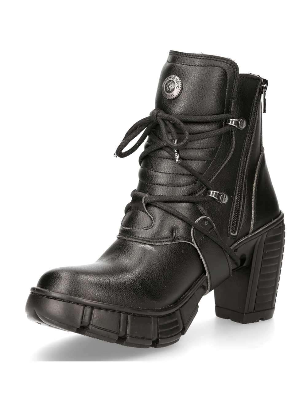 Gothic black buckled lace-up ankle boots with a high heel and zip for urban style and elegance.