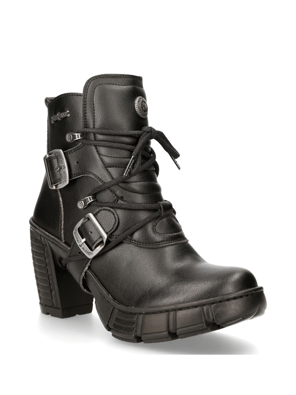 NEW ROCK black buckled lace-up ankle boots with urban style and tough elegance for bold fashion lovers.