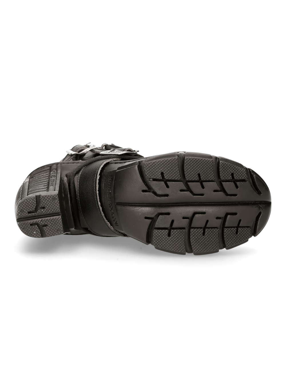 Sole view of NEW ROCK Gothic Black Buckled Lace-Up Ankle Boots showcasing rugged grip and stylish design.
