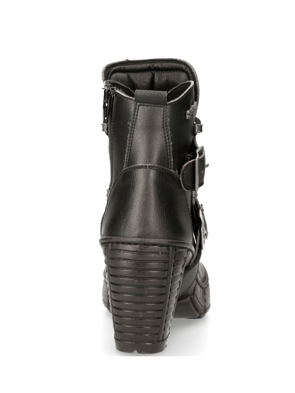 Back view of NEW ROCK Gothic Black Buckled Lace-Up Ankle Boots with a textured heel and adjustable buckles.