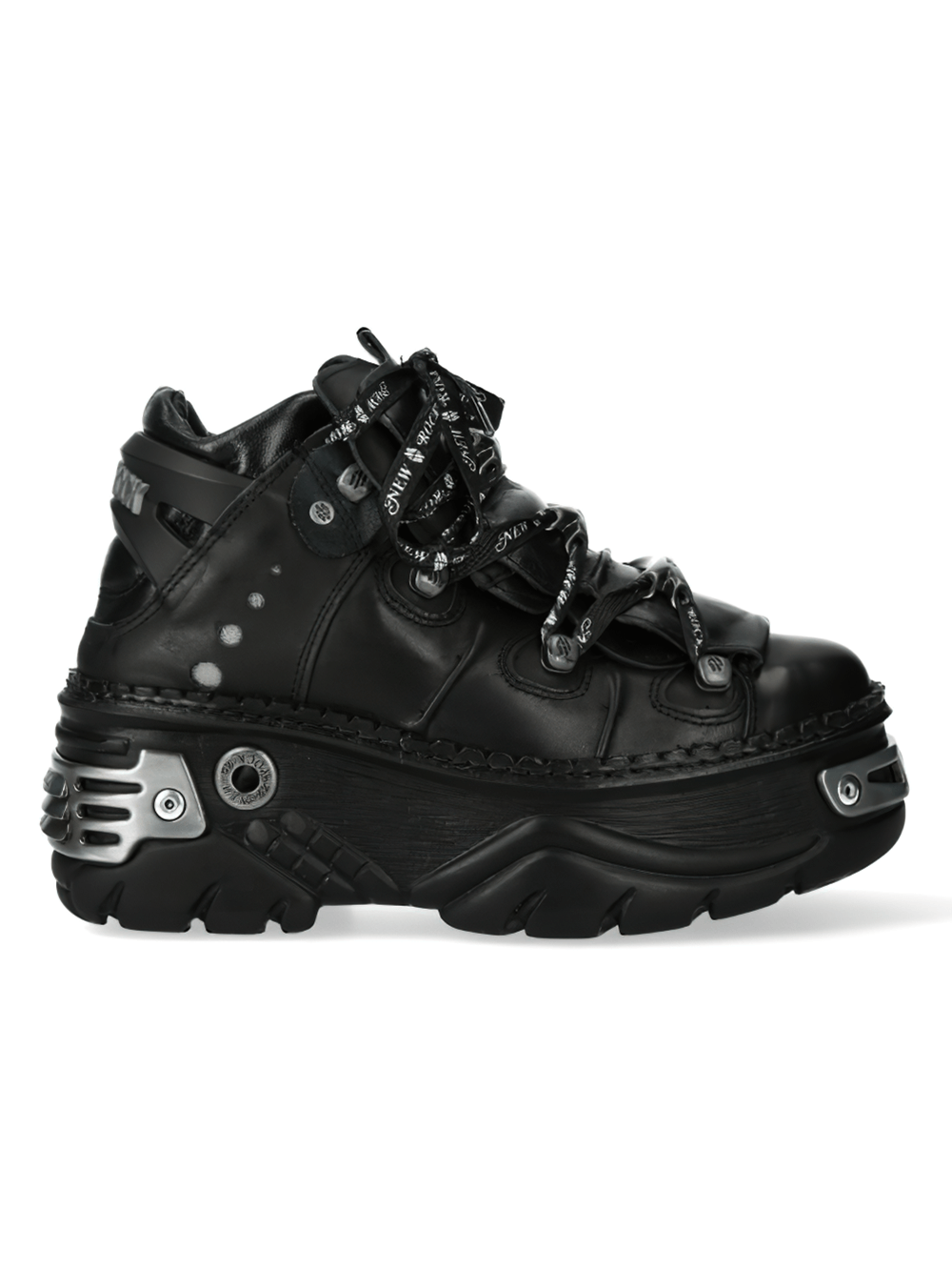 NEW ROCK Gothic black leather platform shoes with bold design and secure cord clasp for punk rock fashion.