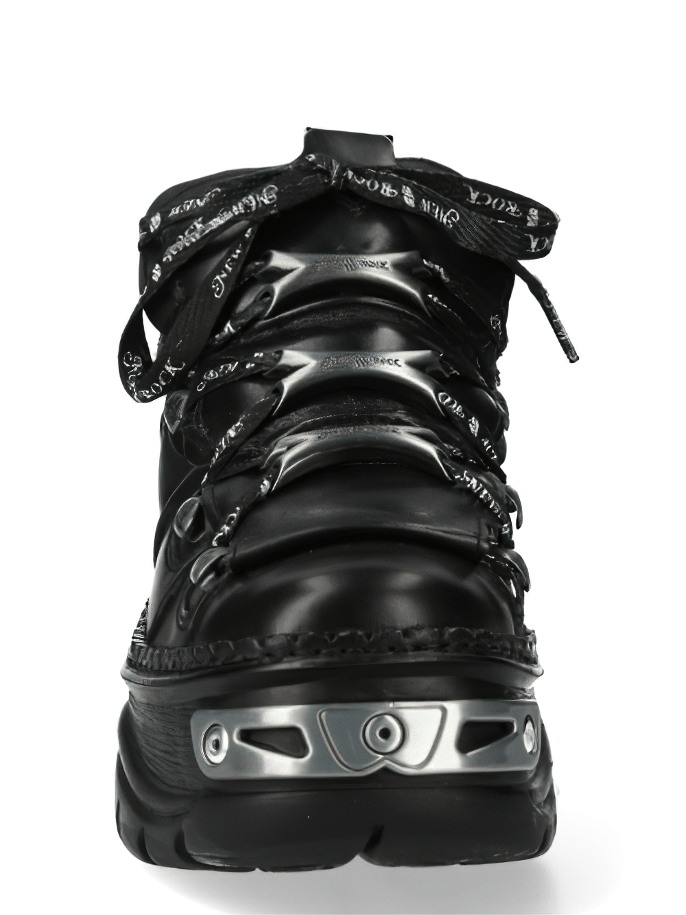 Close-up of NEW ROCK Gothic black leather platform shoes with bold design and cord clasps for secure fit.