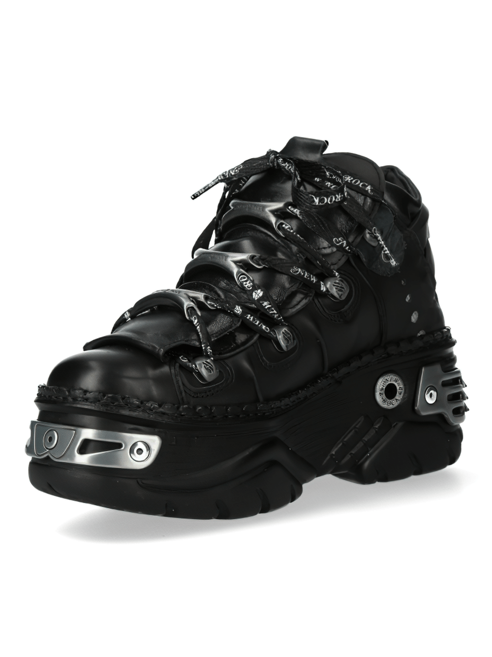 NEW ROCK Gothic black leather platform shoes with bold design and secure cord clasp for punk style.