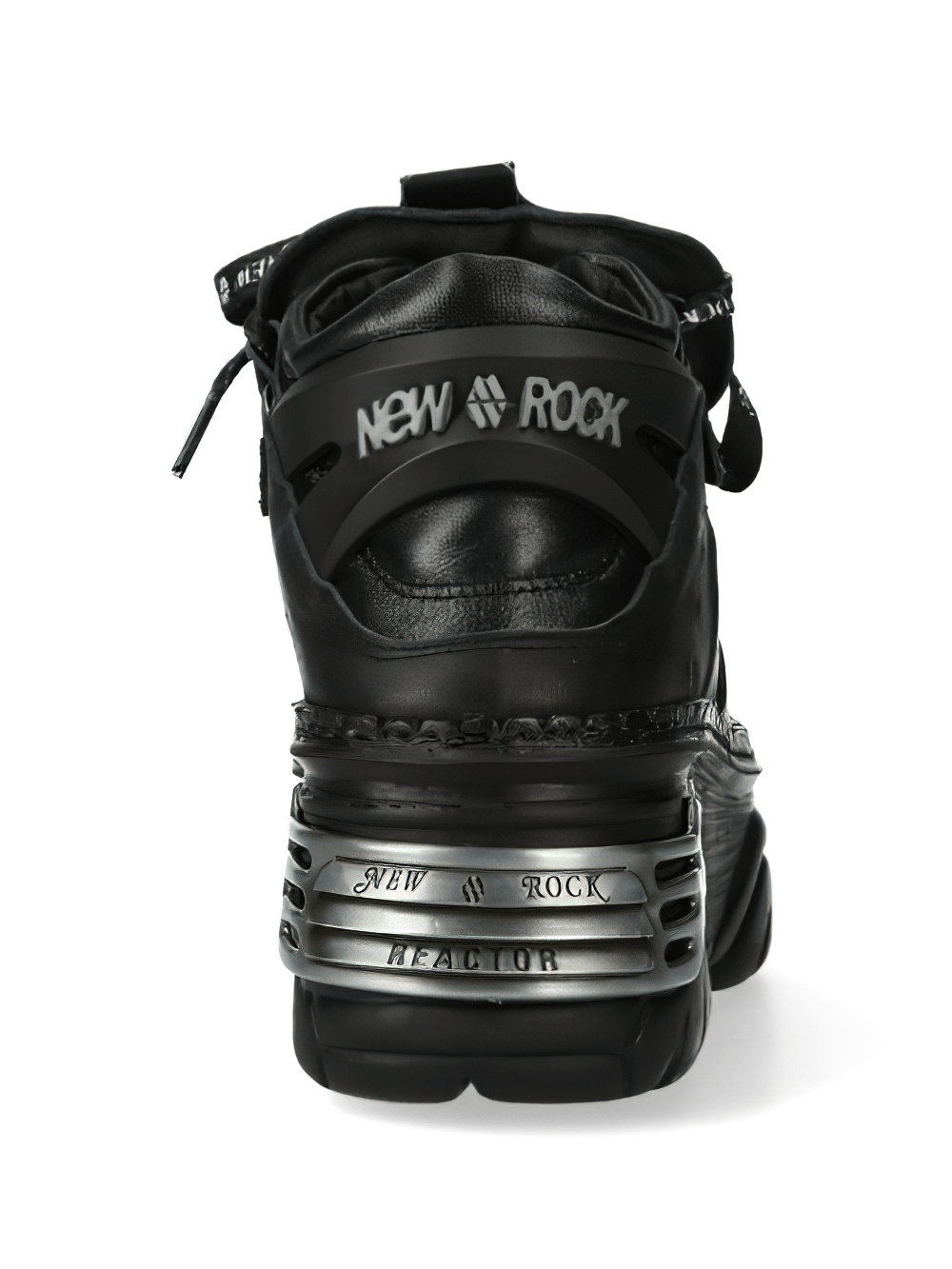 Back view of NEW ROCK Gothic black leather platform shoes with bold design and durable traction.
