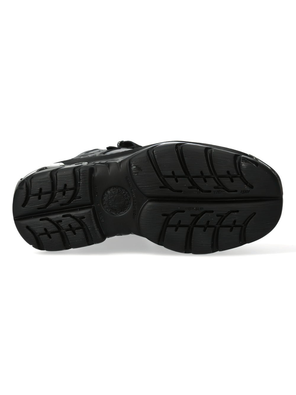 Bottom view of NEW ROCK Gothic black genuine leather platform shoes showcasing durable traction and bold design.