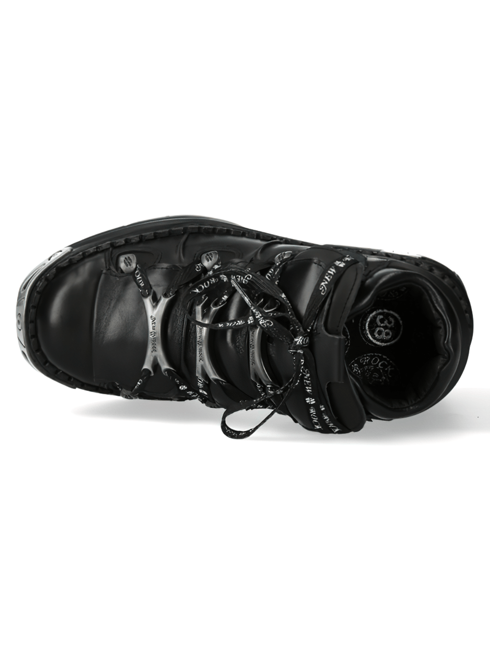 Top view of NEW ROCK Gothic black leather platform shoes with bold design and secure cord clasp.