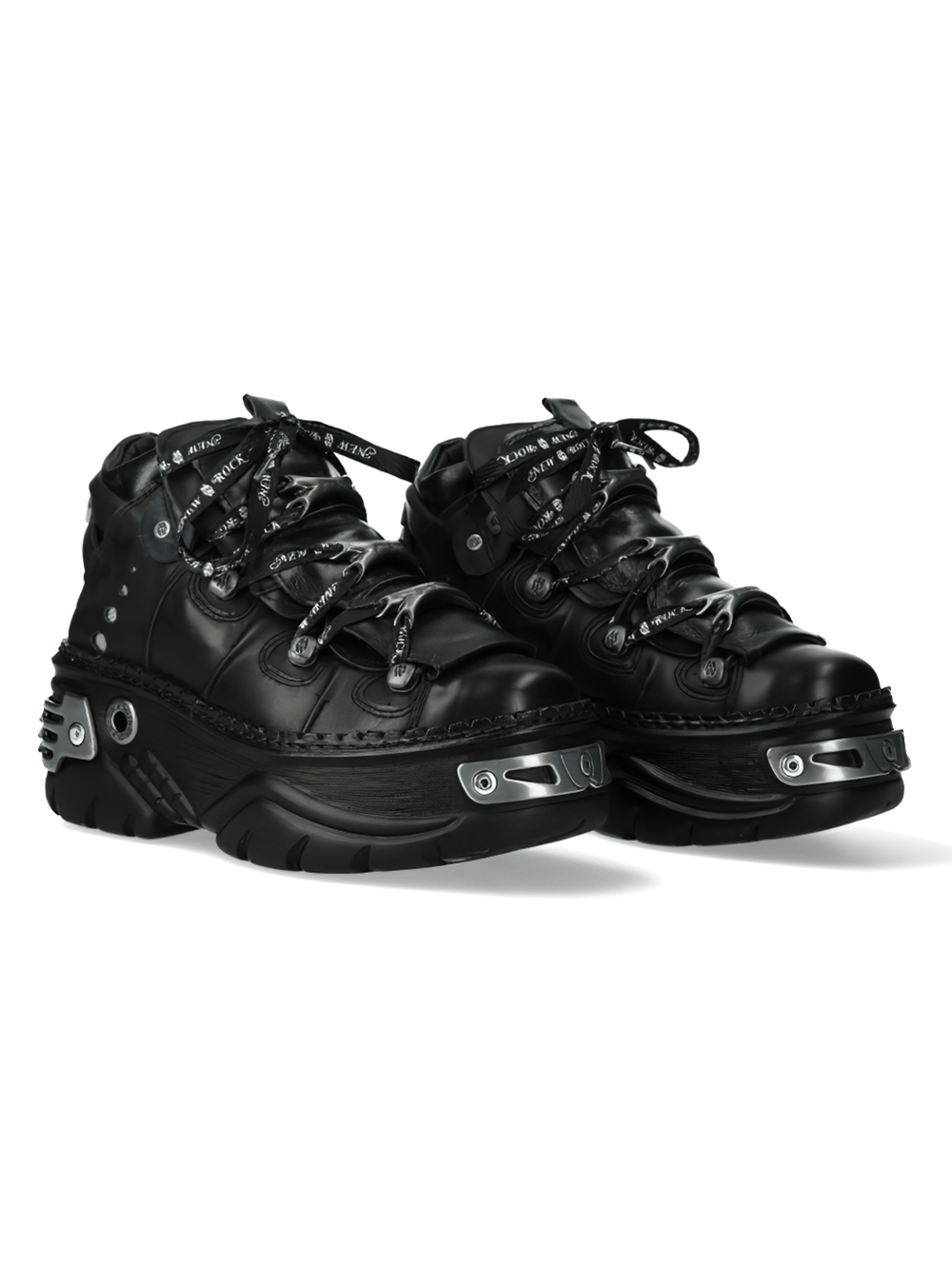 Gothic black genuine leather platform shoes with bold design, perfect for punk rock fashion enthusiasts.