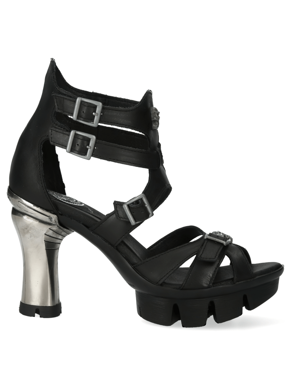 NEW ROCK Gothic black leather strappy high-heeled sandals with metallic accents and buckle detail.