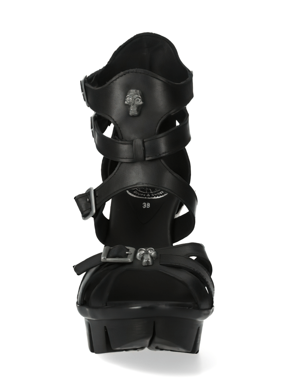 NEW ROCK Gothic black leather strappy high-heeled punk sandals with metallic accents and buckle clasp.