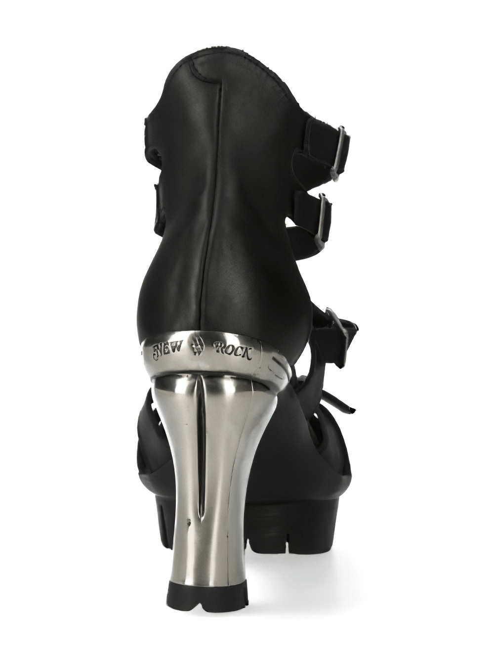 Gothic black leather high-heeled strappy sandals with metallic accents and buckle clasp, showcasing bold punk style.