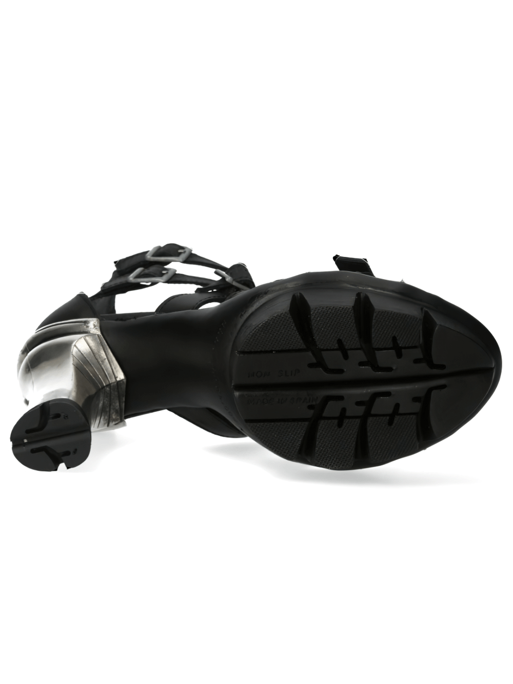 Bottom view of NEW ROCK Gothic black leather strappy high-heeled sandals showcasing punk design and unique traction.