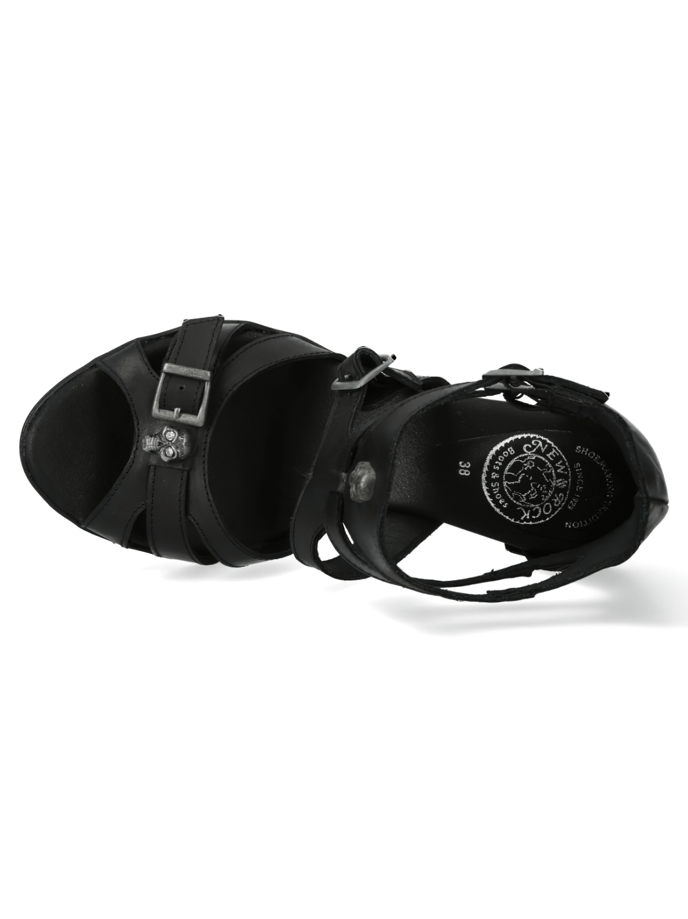 Black gothic high-heeled strappy sandals with metallic buckle, showcasing punk style and genuine leather craftsmanship.