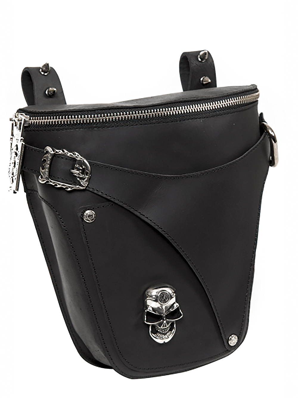 Gothic punk black leather waistbag with buckle and skull detail, blending edgy fashion and practicality.