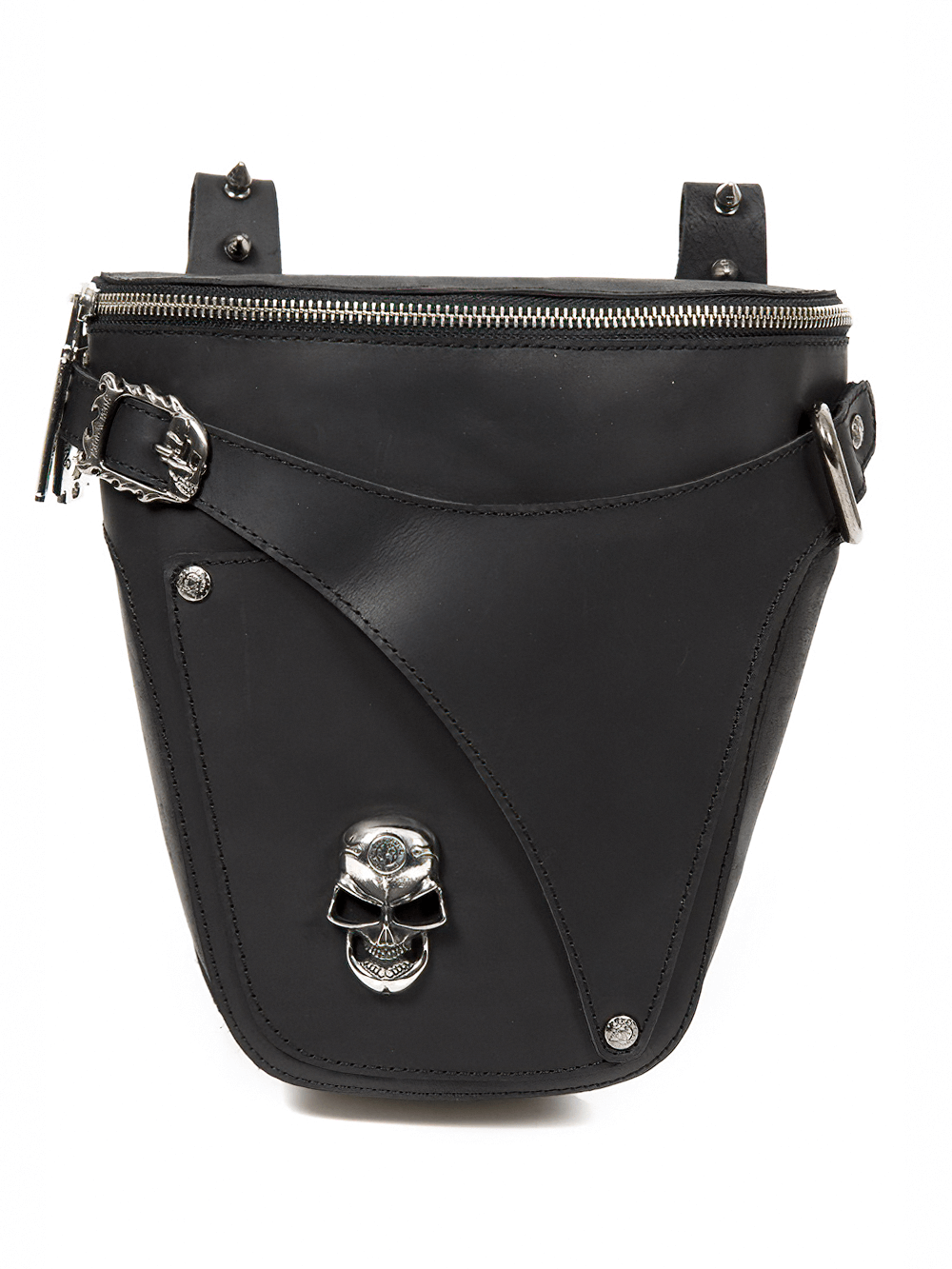 Gothic black leather waistbag with skull detail, stylish buckle, and practical zipper for edgy fashion lovers.