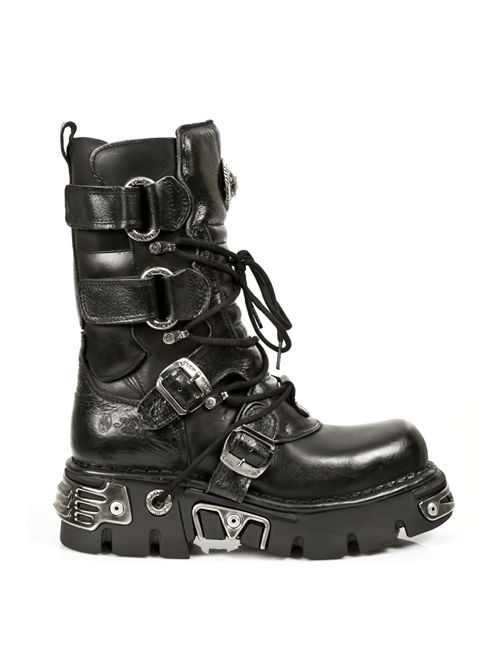 NEW ROCK Gothic Black Leather Boots featuring metal accents and a punk-inspired design.