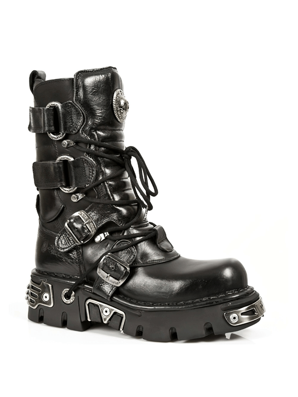 NEW ROCK Men's Gothic Black Leather Boot with Metal Accents, perfect for punk-inspired fashion lovers.