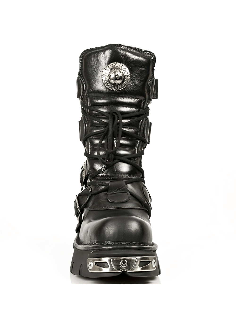 NEW ROCK Men's Gothic Black Leather Boot with Metal Accents, featuring punk-inspired design and durable construction.