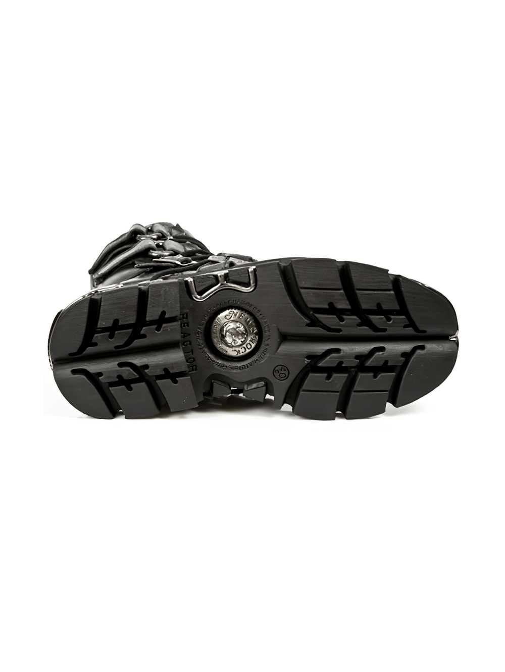 Under view of NEW ROCK Men's Gothic Black Leather Boot showcasing the rugged sole and metal accents, perfect for punk style.