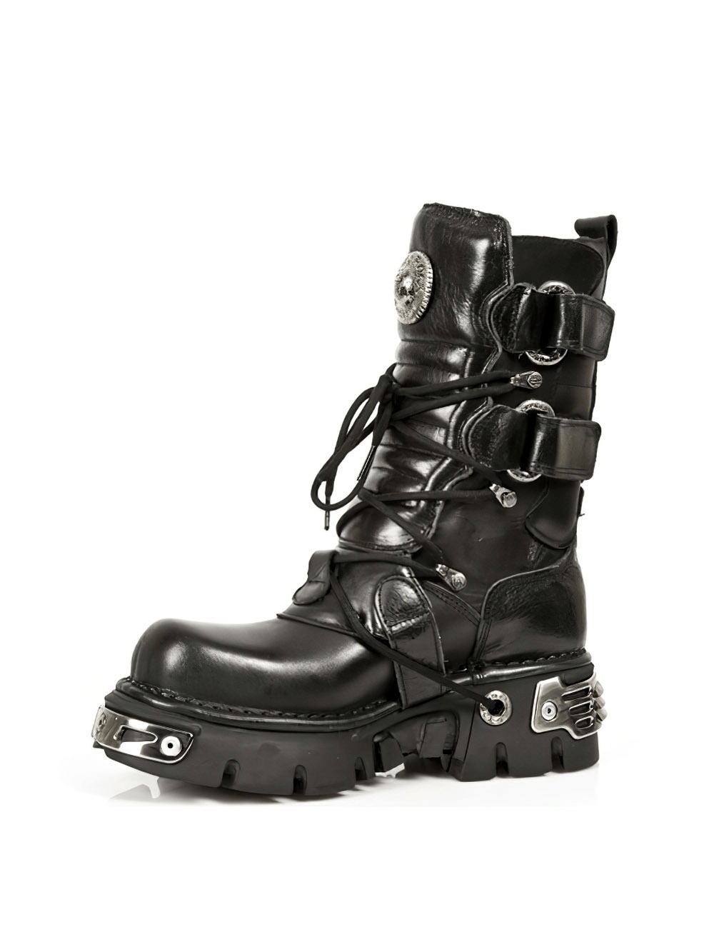 NEW ROCK Men's Gothic Black Leather Boots with metal accents, perfect for punk-inspired style.