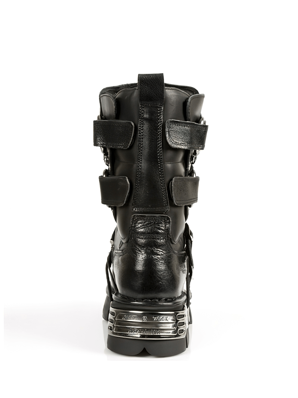 Back view of NEW ROCK Men's Gothic Black Leather Boots featuring metal accents and buckles.
