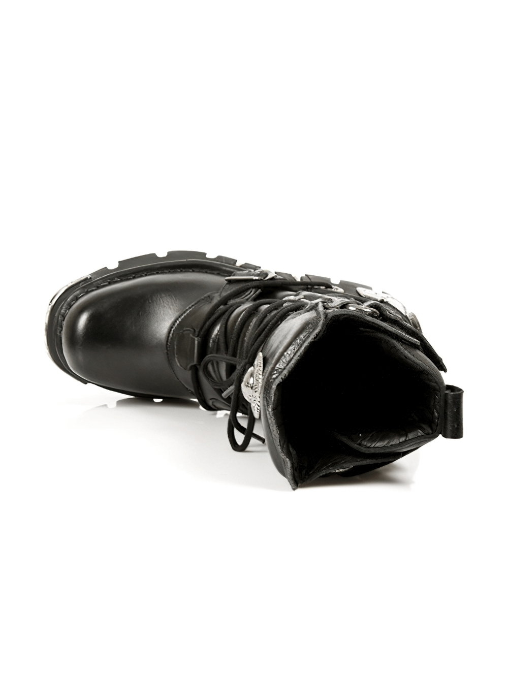 Close-up of NEW ROCK Men's Gothic Black Leather Boot showcasing lace-up design and metal accents.