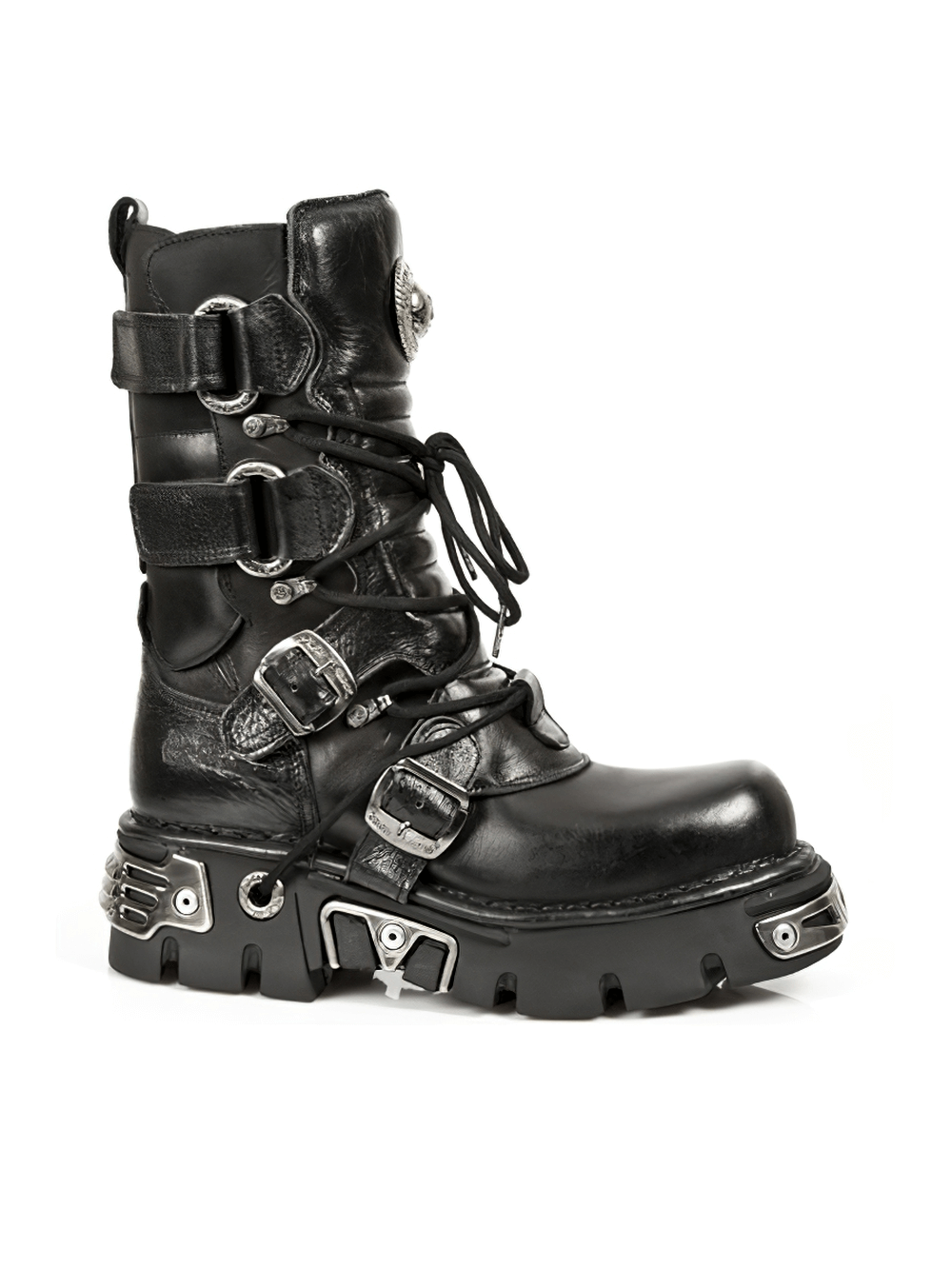NEW ROCK Gothic Black Leather Boots with Metal Accents