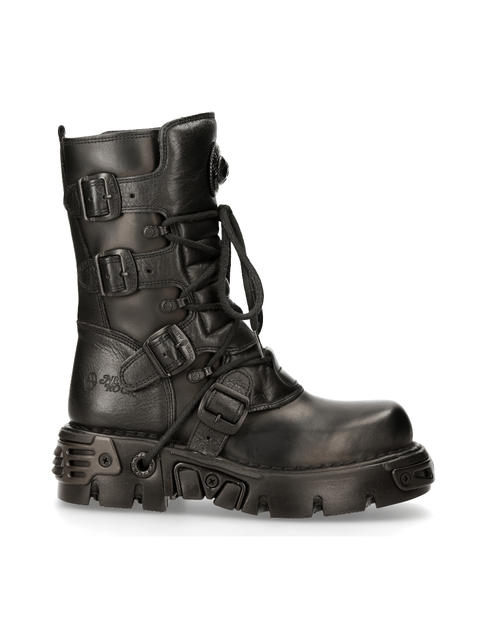 NEW ROCK Men's Gothic Black Leather Boots with metallic details, padded for comfort and style, featuring a rocker aesthetic.