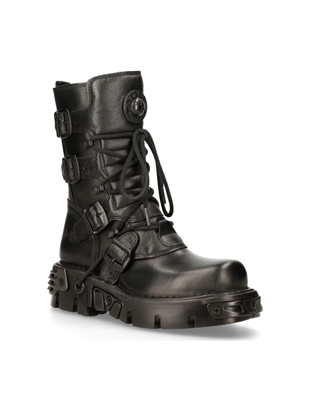 Men's gothic black leather boots with metallic details and lace-up design for a rocker vibe.