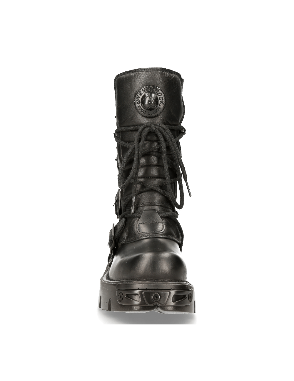 Front view of NEW ROCK Men's Gothic Black Leather Boots with metallic details and padded design.