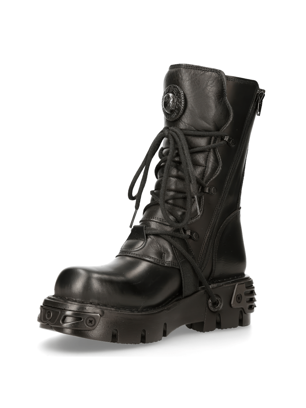 Gothic black leather men's boots with metallic details, padded for comfort, featuring a durable rubber sole and bold rocker style.