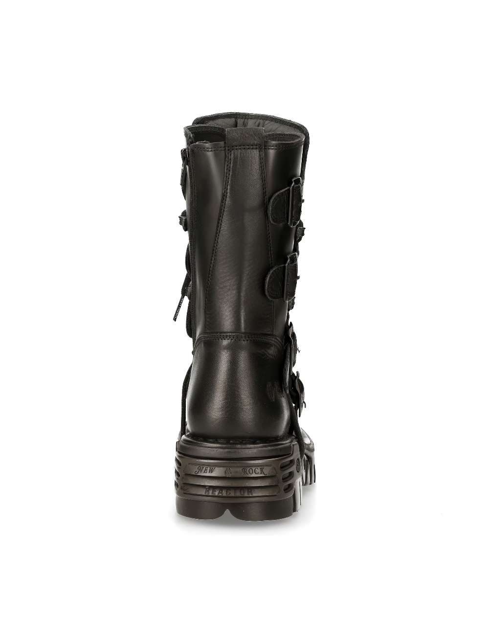 Back view of NEW ROCK men's gothic black leather boots with metallic details and stylish padded design.