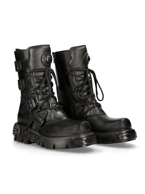 NEW ROCK Women's Gothic Black Leather Boots with Metallic Details