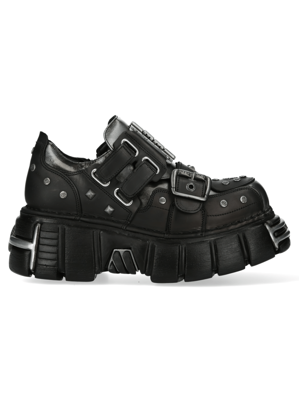NEW ROCK Men's Gothic Black Platform Shoes with metallic accents and ultra-tough sole, perfect for punk style.