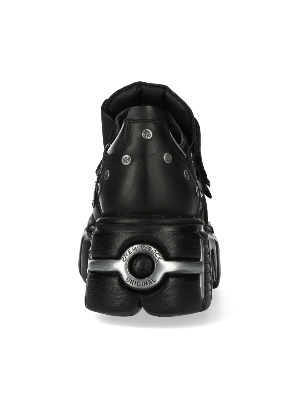 Back view of NEW ROCK Men's Gothic Black Platform Shoes showcasing metallic accents and sturdy PU-Ultra sole.