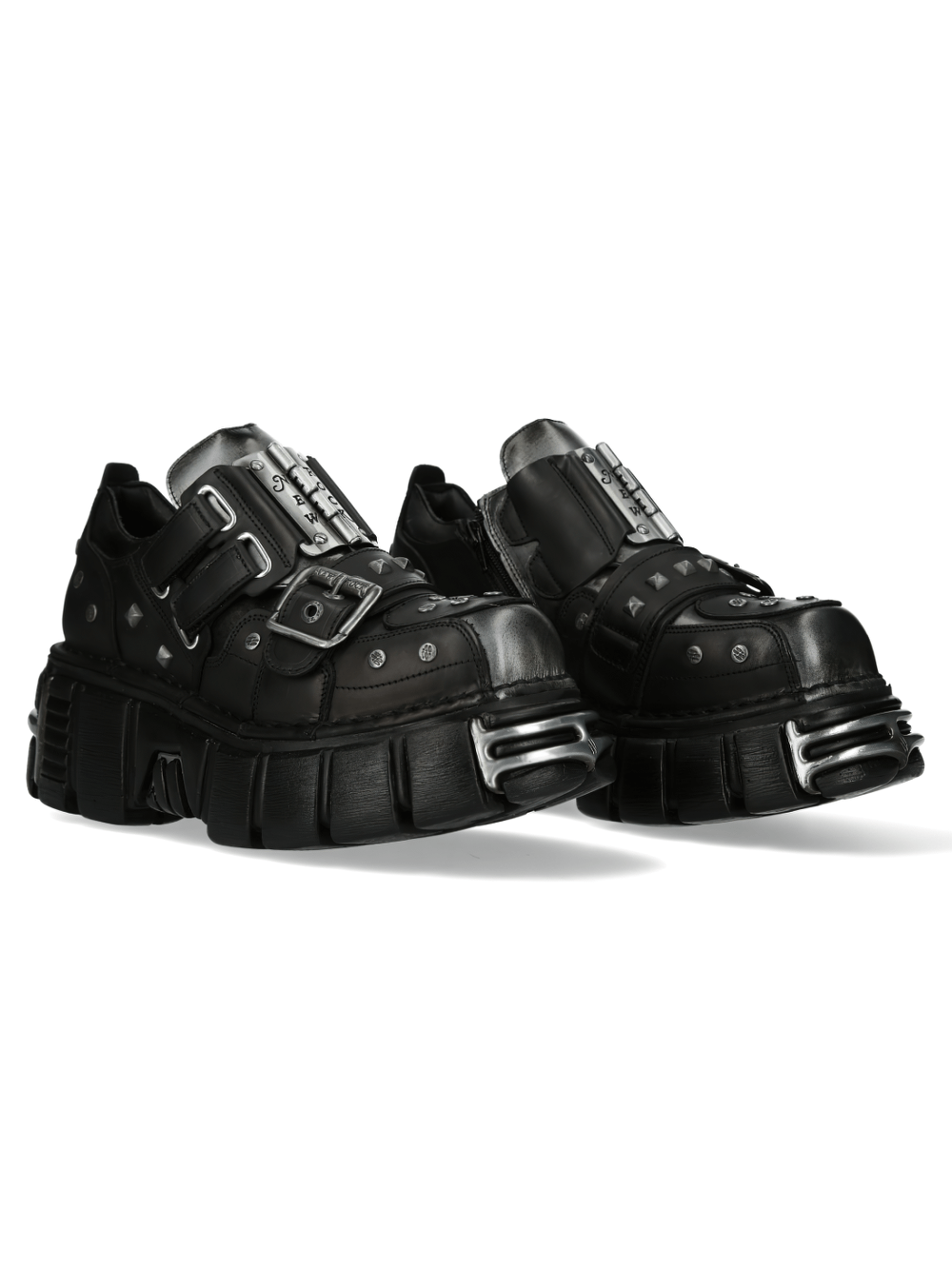 Gothic black platform shoes featuring metallic accents and a tough sole, perfect for rock style enthusiasts.