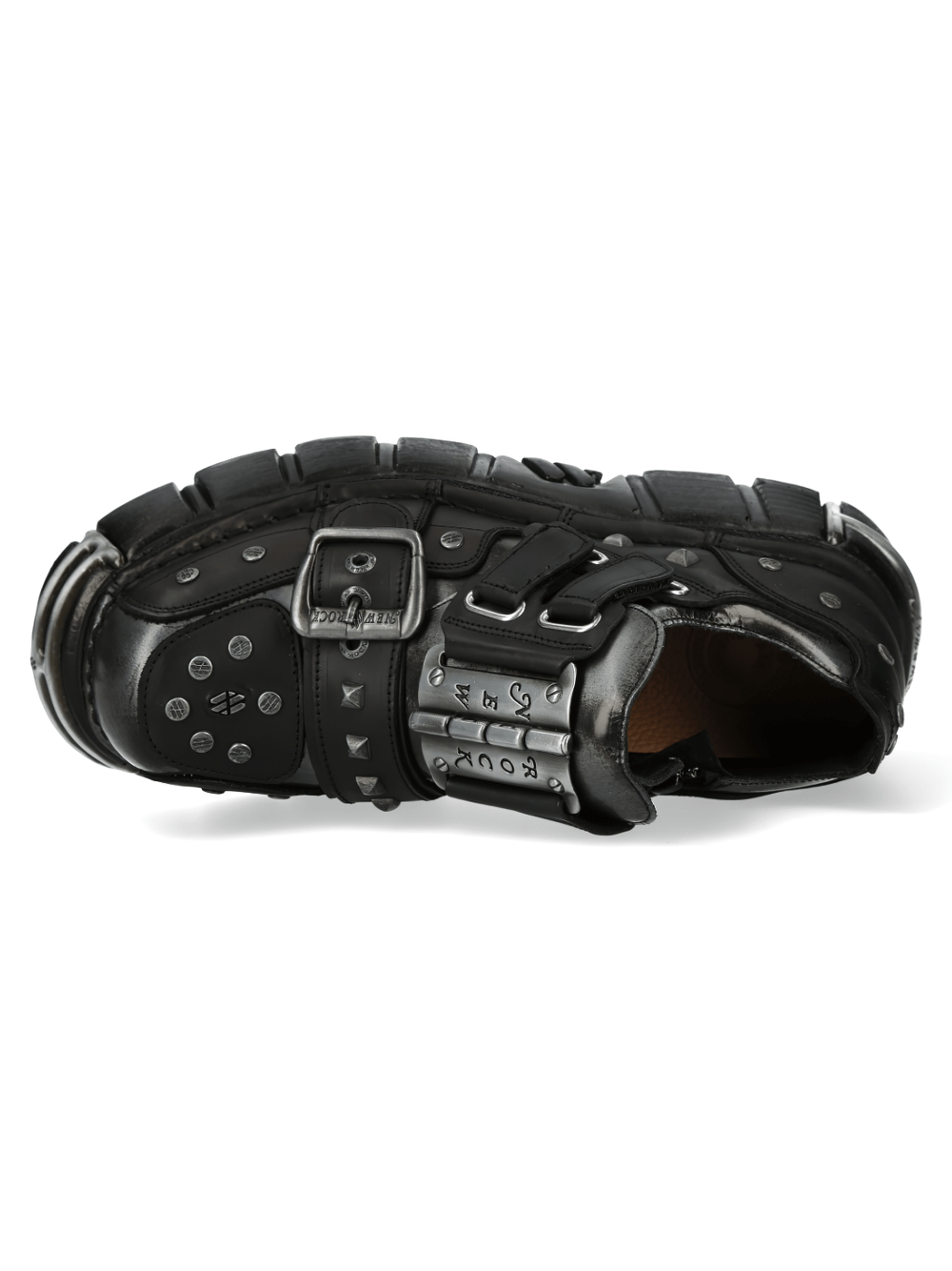 Top view of NEW ROCK Men's Gothic Black Platform Shoe featuring metallic accents and a sturdy PU-Ultra sole.