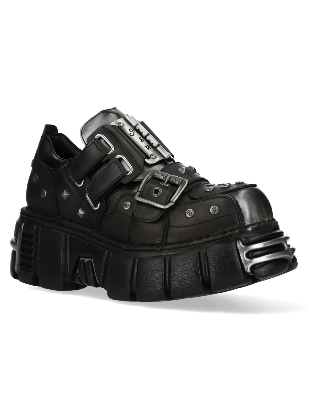 NEW ROCK Gothic Black Platform Shoes with metallic accents and tough sole for punk rock style.