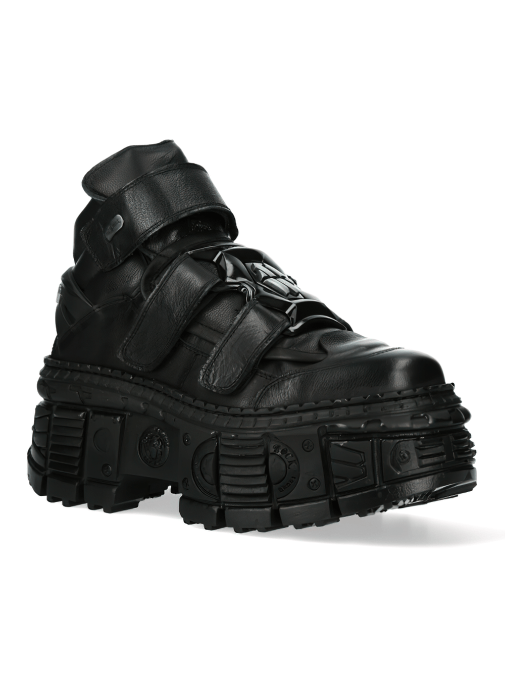 NEW ROCK Gothic black saw-tooth platform ankle boots with velcro closures and chunky sole.