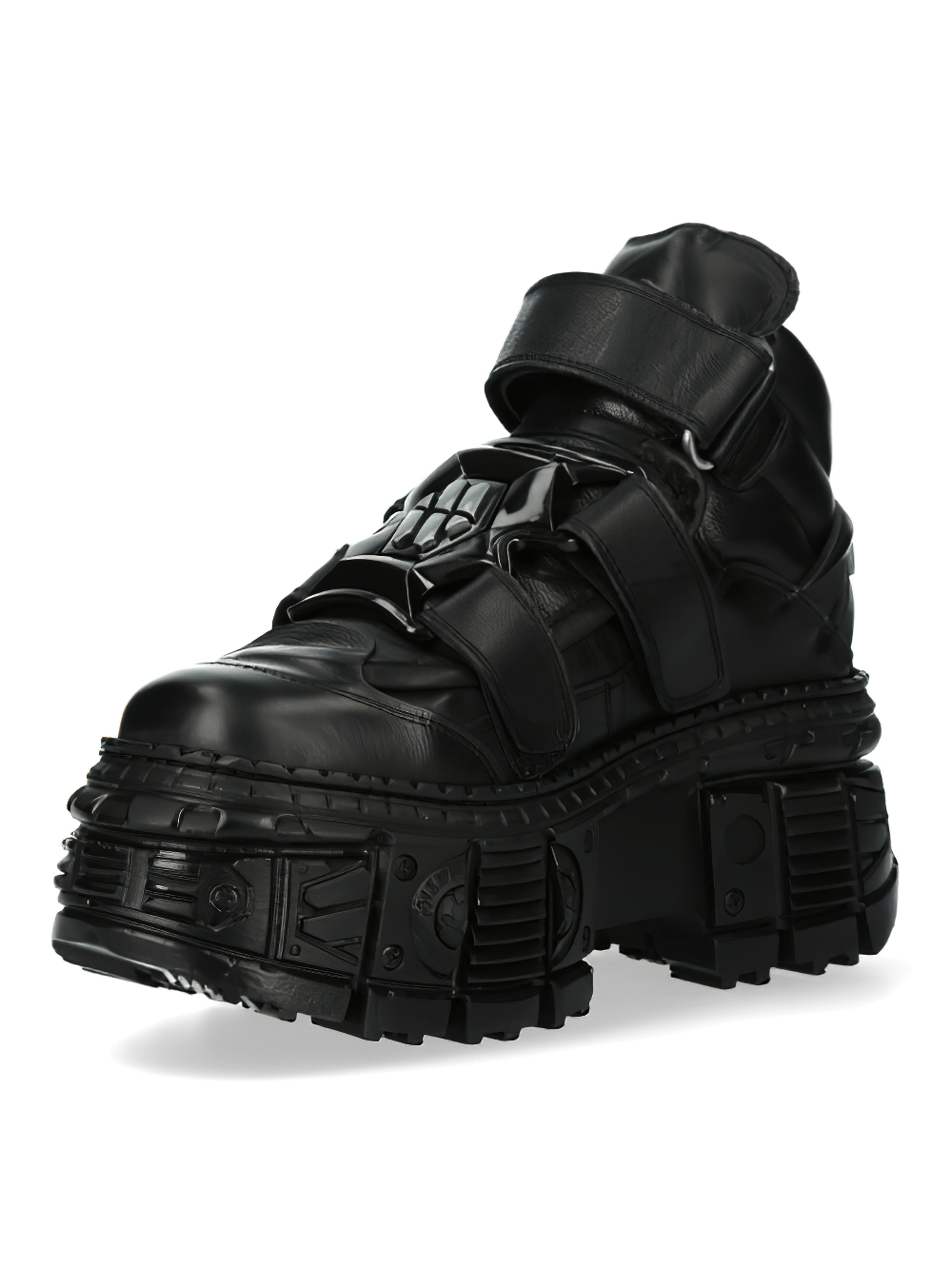 NEW ROCK Gothic black platform ankle boots with unique velcro closures and saw-tooth sole.