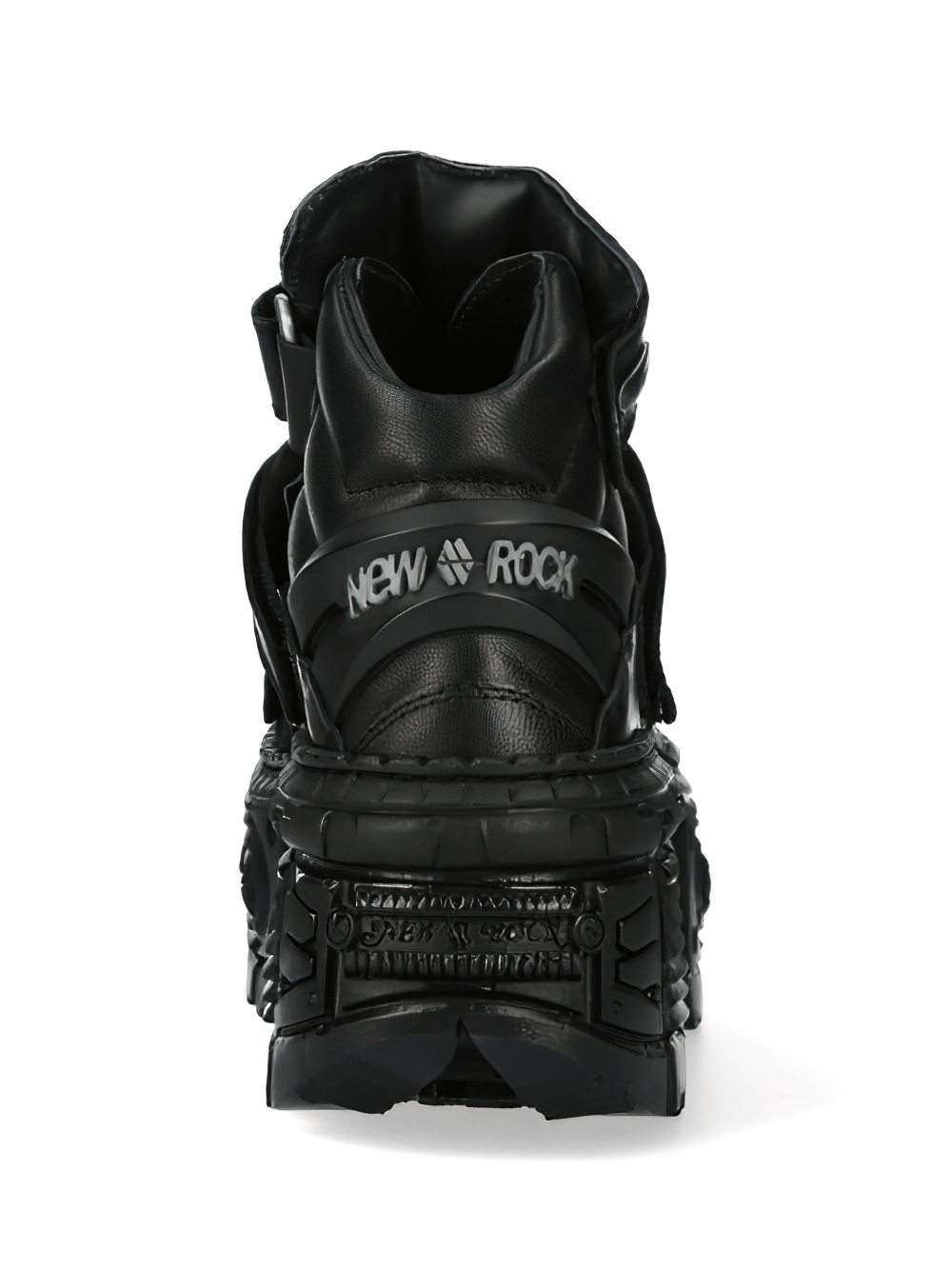 Back view of NEW ROCK Gothic Black Saw-Tooth Platform Ankle Boots showcasing unique leather design and velcro closures.