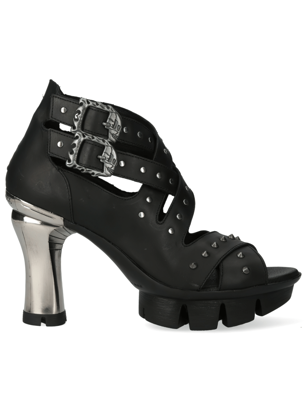 NEW ROCK Gothic Black Studded Leather Heeled Sandals with metallic studs and buckle straps.