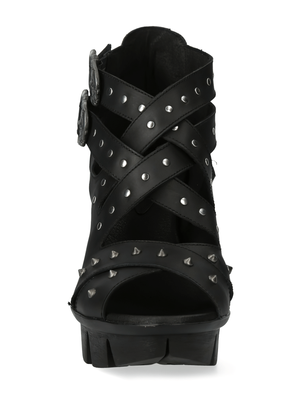 Front view of NEW ROCK Gothic Black Studded Leather Heeled Sandals with edgy cross straps and metallic studs.