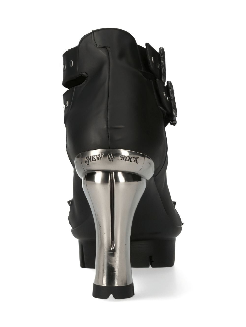 Gothic Black Studded Leather Heeled Sandals with metallic heel and buckle details from NEW ROCK.