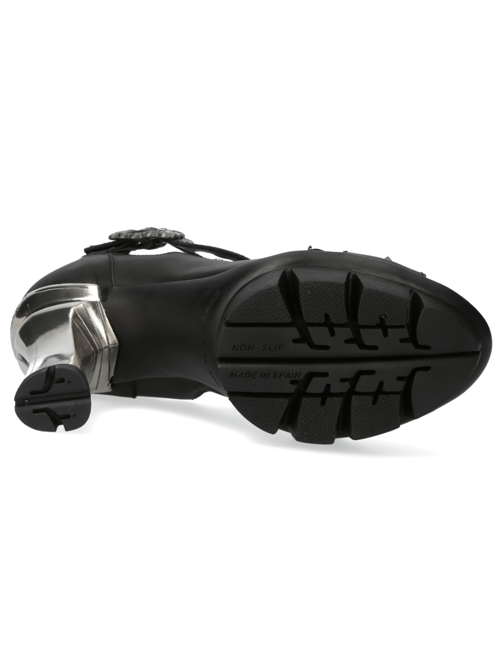 Bottom view of NEW ROCK Gothic Black Studded Leather Heeled Sandals showcasing a durable non-slip sole.